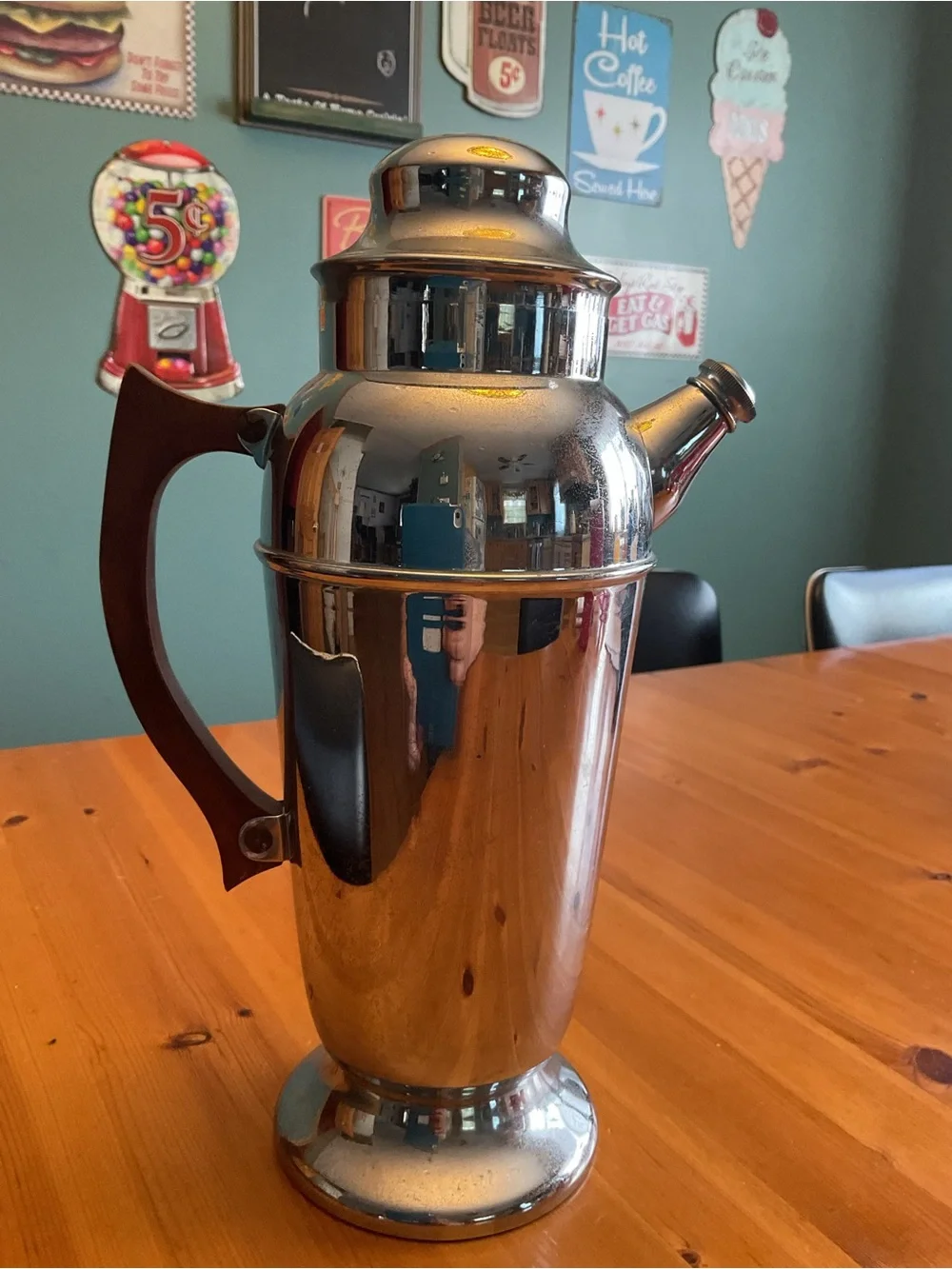VINTAGE CHROME COCKTAIL SHAKER ART DECO WOOD HANDLE PITCHER MCM BAR CART DRINKS